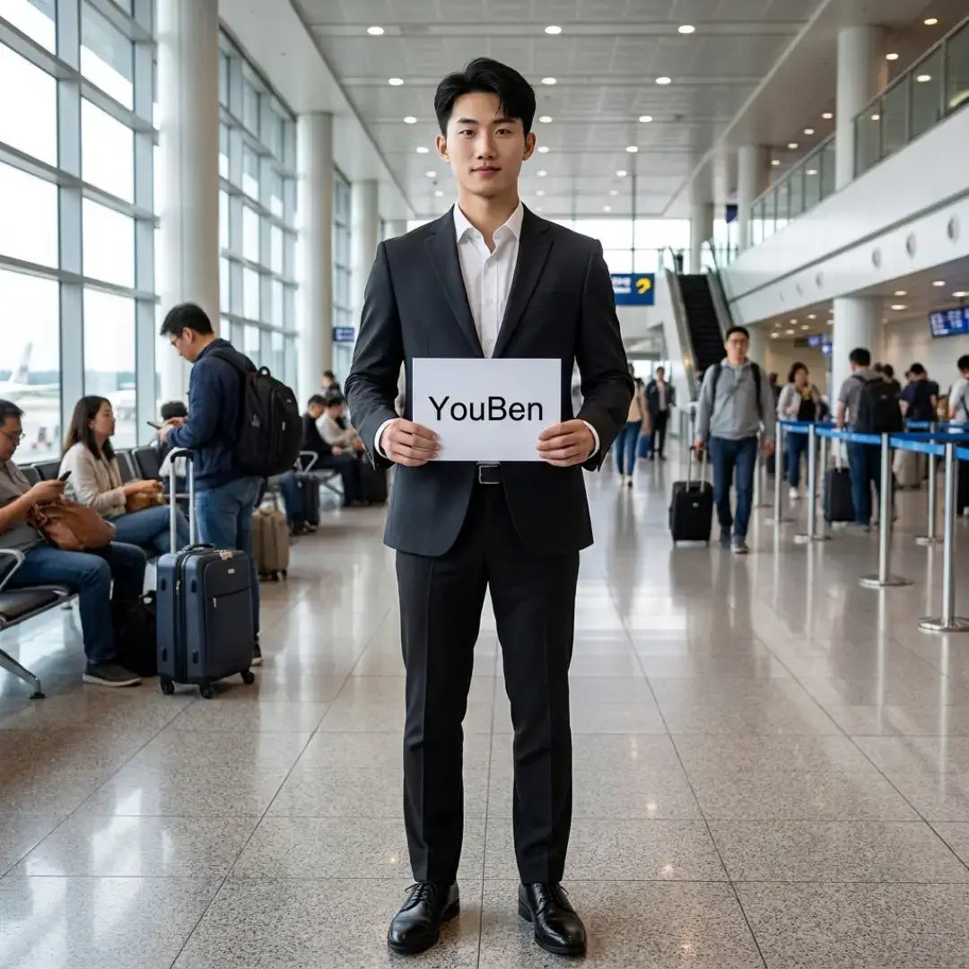 Shanghai First-Time Visitor Day Tour, a man in a suit holding a sign at the airport for arrivals.