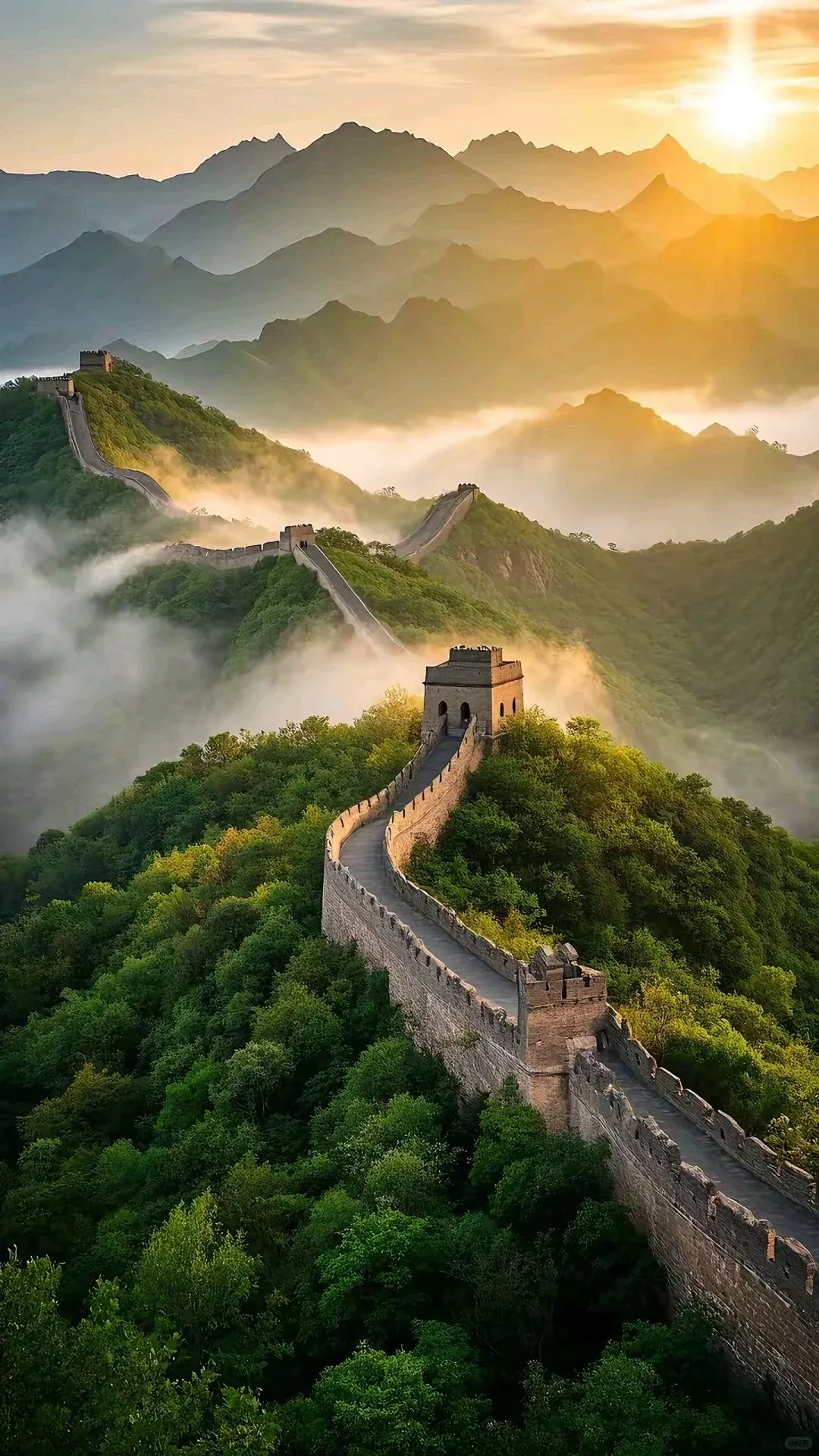 Morning view of the Great Wall of China winding through misty mountains, bathed in golden sunlight — a majestic backdrop for China SIM Card with 10GB data, valid for 10 days with 30 minutes talk time.