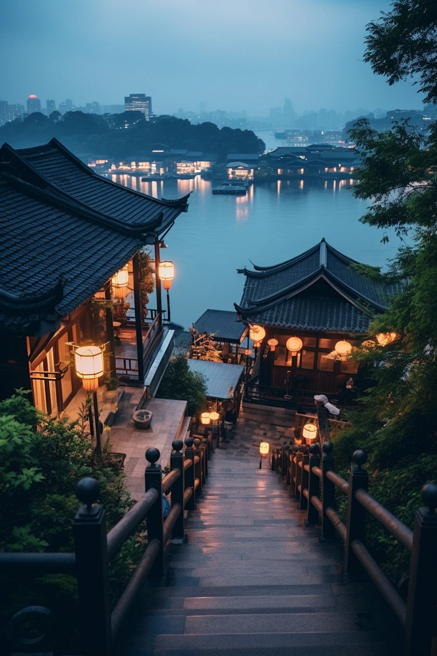 Tranquil night view with traditional Chinese buildings and glowing lanterns by the water, used as a background for China 50GB SIM Card product.