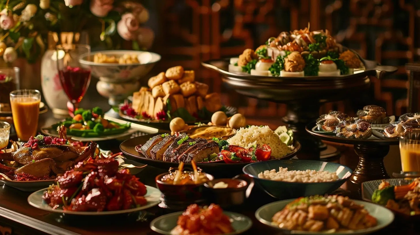 A delicious spread of traditional Chinese dishes, including dim sum, Peking duck, and stir-fried vegetables.