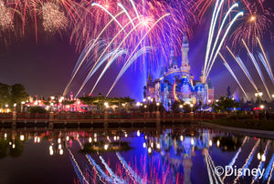 Nighttime fireworks show above the Enchanted Storybook Castle at Shanghai Disneyland