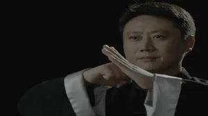 Close-up of a Chinese Kung Fu master performing the traditional fist-and-palm salute gesture.