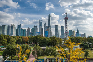 Distant view of the Oriental Pearl Tower with surrounding skyscrapers in Lujiazui, Pudong skyline of Shanghai