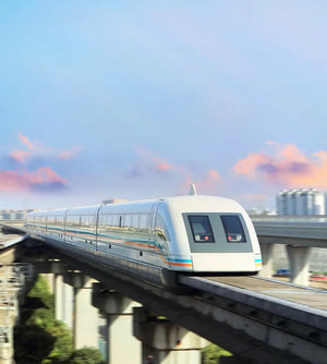 Shanghai Maglev Train speeding on elevated tracks with city skyline