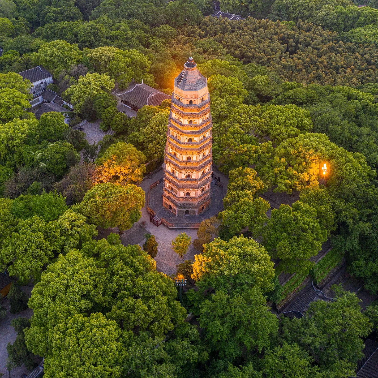 Aerial view of the Yunyan Pagoda (Tiger Hill Pagoda) in Suzhou at dusk