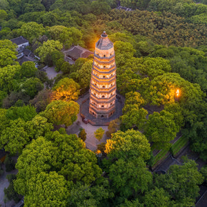 Aerial view of the Yunyan Pagoda (Tiger Hill Pagoda) in Suzhou at dusk