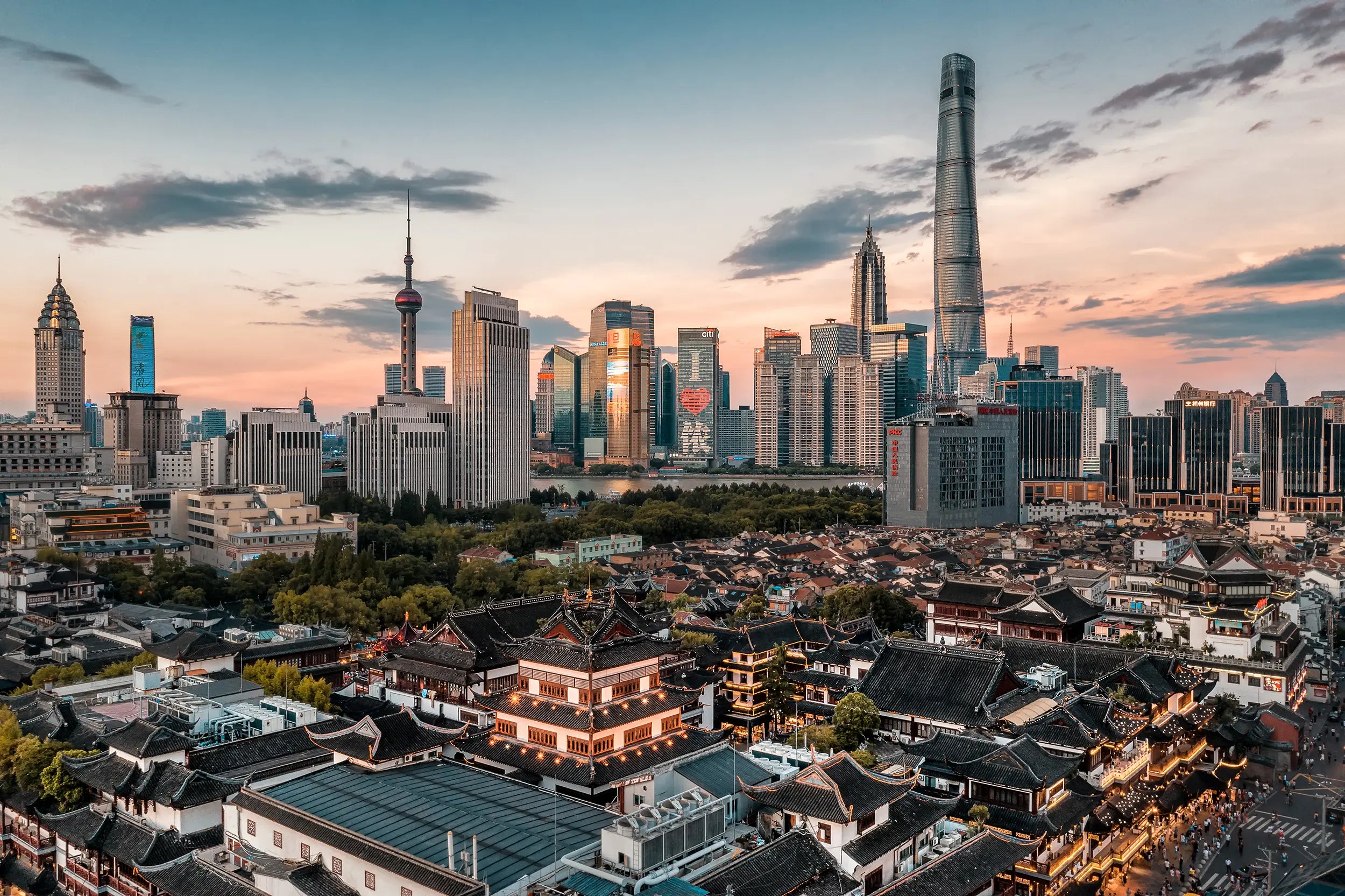 Aerial view of Yuyuan Garden and Yuyuan Bazaar in central Shanghai's Old City