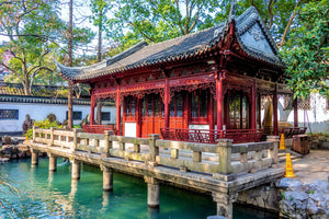 Tingtaoge Pavilion in Yuyuan Garden, a peaceful traditional Chinese waterside structure