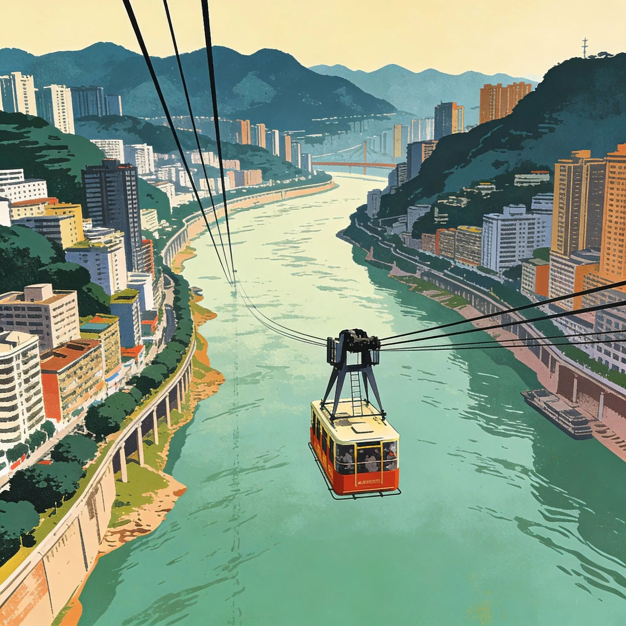 Chongqing's dramatic topography with steep hills, rivers, and layered streets, highlighting the city's unique mountain layout