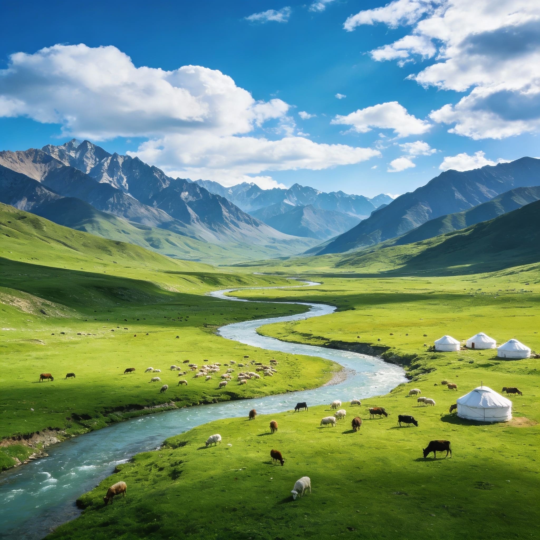 Heavenly Lake in Xinjiang surrounded by snow-capped Tianshan Mountains