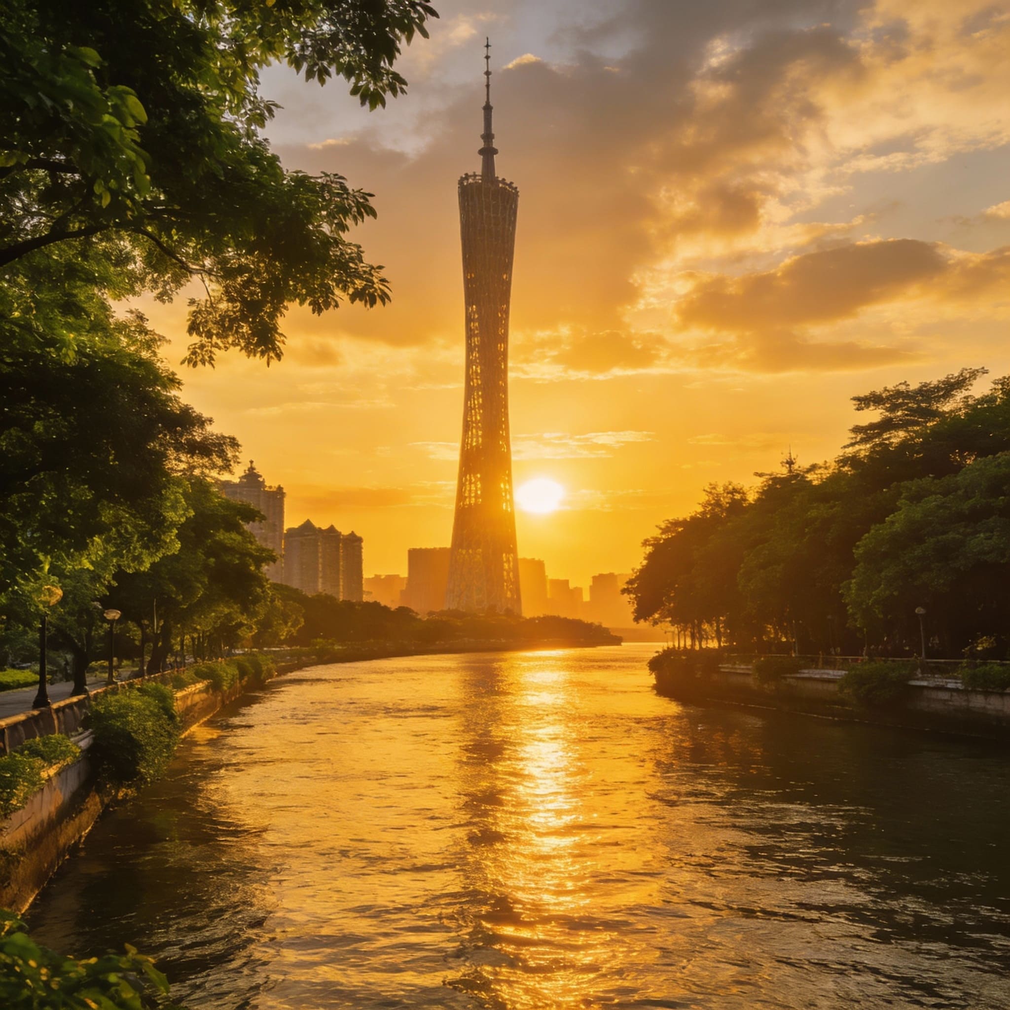 Skyline of Guangzhou city with Canton Tower at sunset