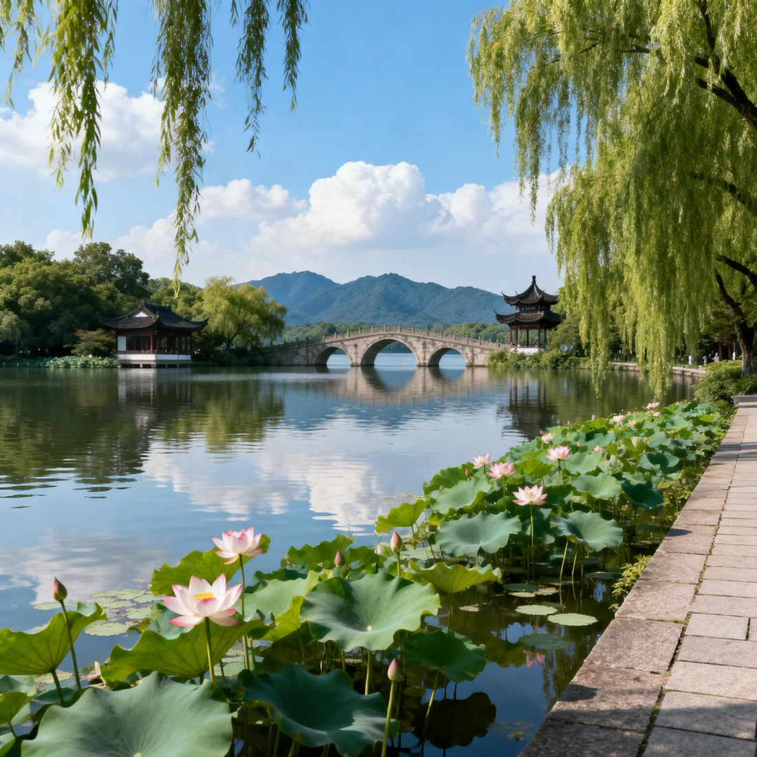 Panoramic view of West Lake Hangzhou with traditional bridges and mountains in Hangzhou Zhejiang