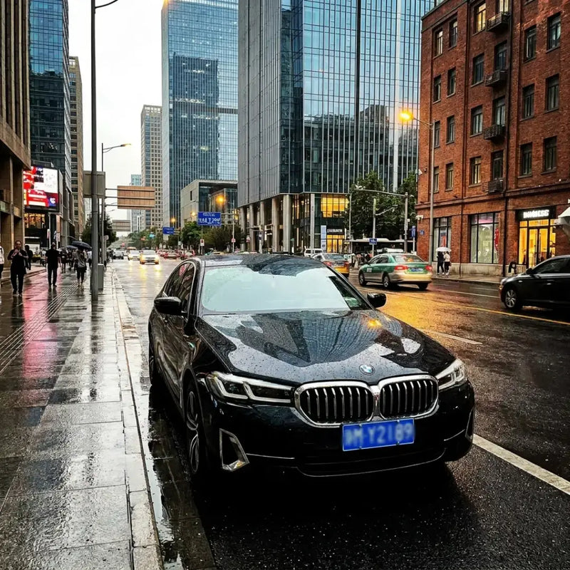 Shanghai Private Car & Van Service (City Only) - Black BMW parked on a rainy street with city skyline.
