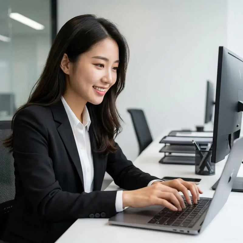 Private Local Guide Service | 2026 Youbenben Shanghai - woman using laptop in a modern office.