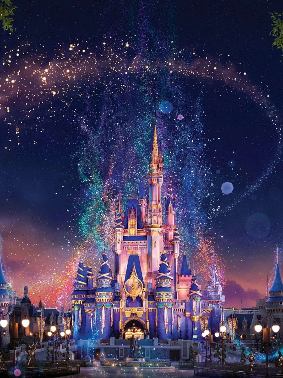 Illuminated Disney castle with vibrant fireworks lighting up the night sky