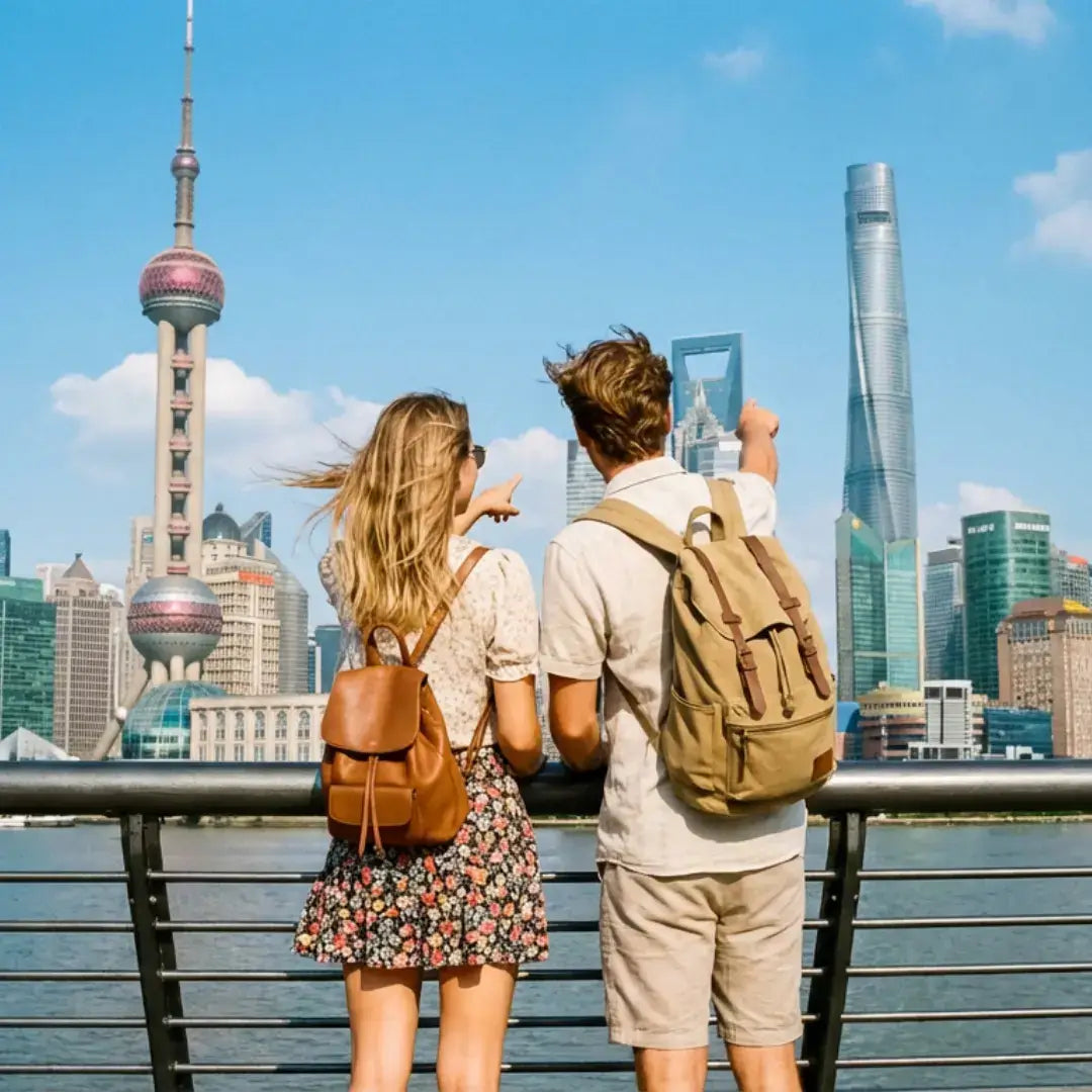 Couple enjoying the Shanghai skyline during their Shanghai First-Time Visitor Day Tour.