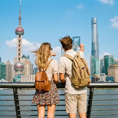 Couple enjoying the Shanghai skyline during their Shanghai First-Time Visitor Day Tour.