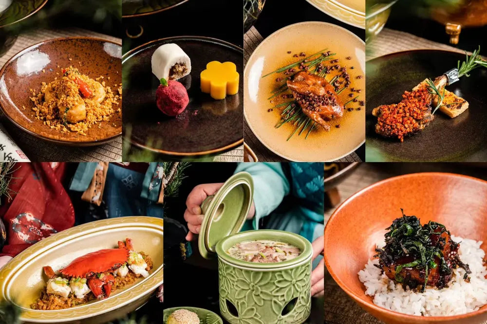 A selection of exquisite Chinese gourmet dishes beautifully presented at the Shanghai Han Dynasty immersive banquet.