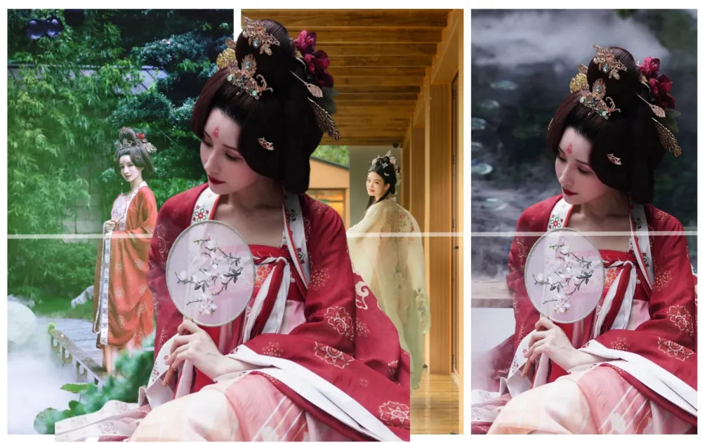Woman dressed in traditional Hanfu with elegant makeup posing in a classical Chinese courtyard.