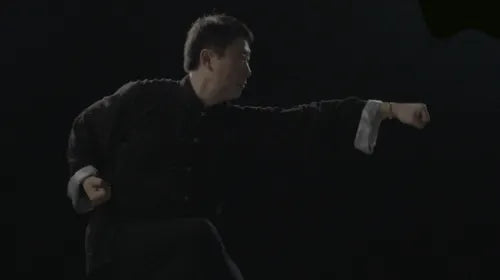 Close-up of a Kung Fu master demonstrating a powerful punch during training in Shanghai.