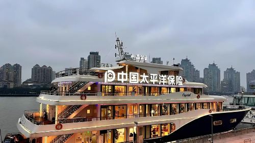 Nanpu Bridge illuminated at night during Huangpu River cruise