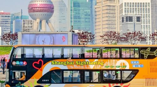 Double-decker sightseeing bus crossing Nanpu Bridge in Shanghai