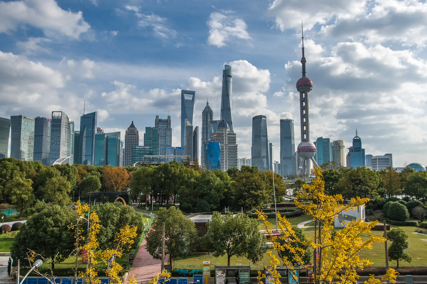 Distant view of the Oriental Pearl Tower with surrounding skyscrapers in Lujiazui, Pudong skyline of Shanghai