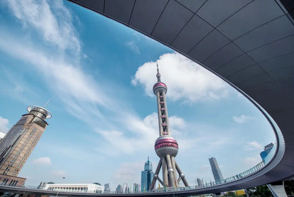 View of the Oriental Pearl Tower from beneath an urban flyover in Lujiazui, Shanghai