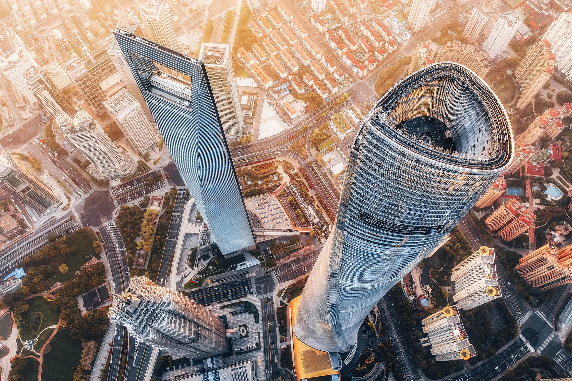 Aerial view of Shanghai Tower and surrounding skyline in Lujiazui, Shanghai