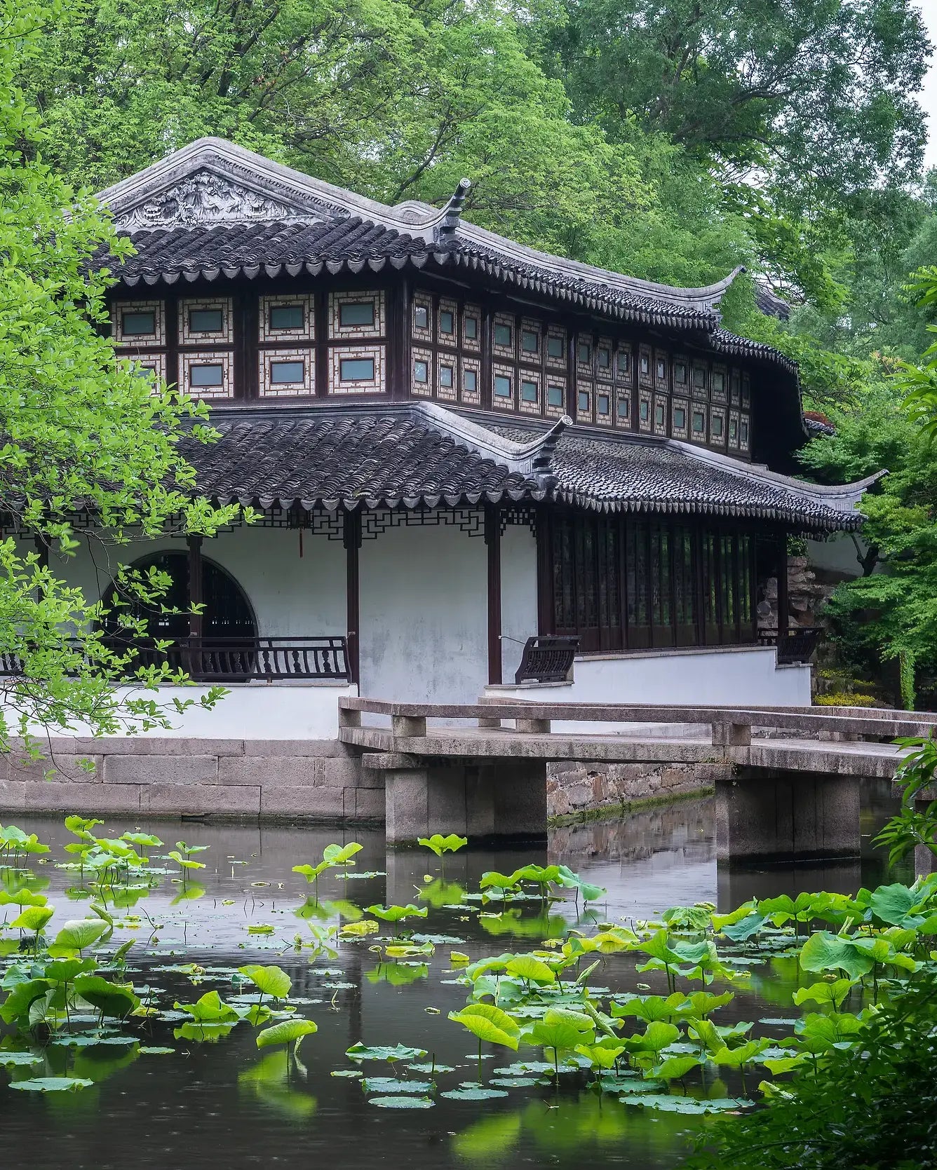 Yuanxiang Hall, the main hall of Humble Administrator's Garden, surrounded by lotus pond and rockeries, offering a serene and elegant waterside view.