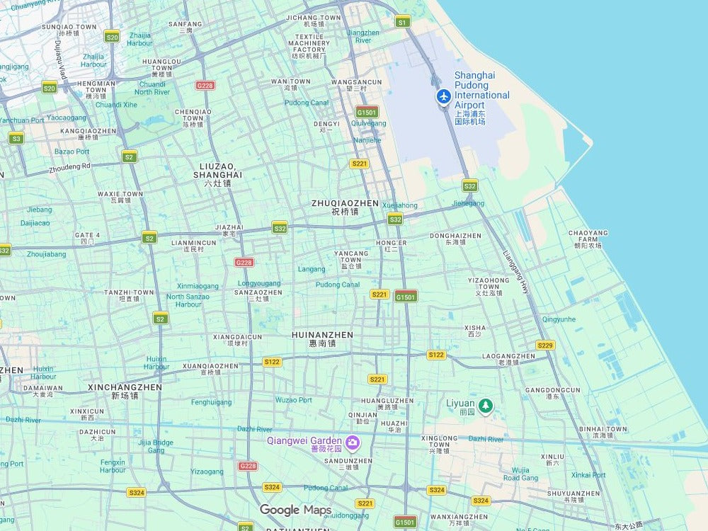 English map of the Shanghai weekend itinerary area, including Pudong Airport, Shanghai Disneyland and Shanghai Wild Animal Park